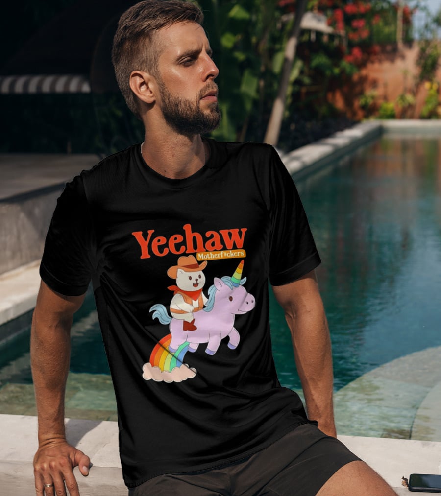 Yeehaw Motherfuckers Cat Cowboy On Rainbow Unicorn T-Shirt