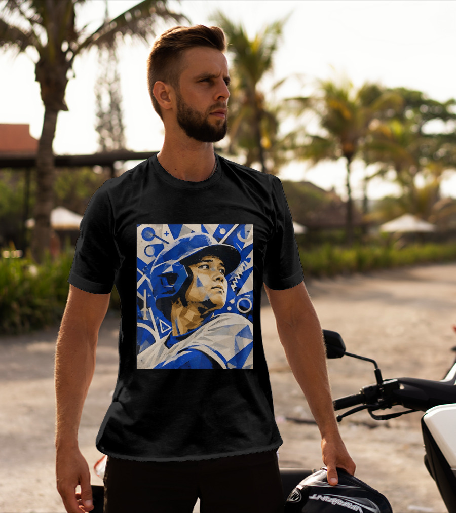 Baseball Player In Geometric Blue Abstract T-Shirt