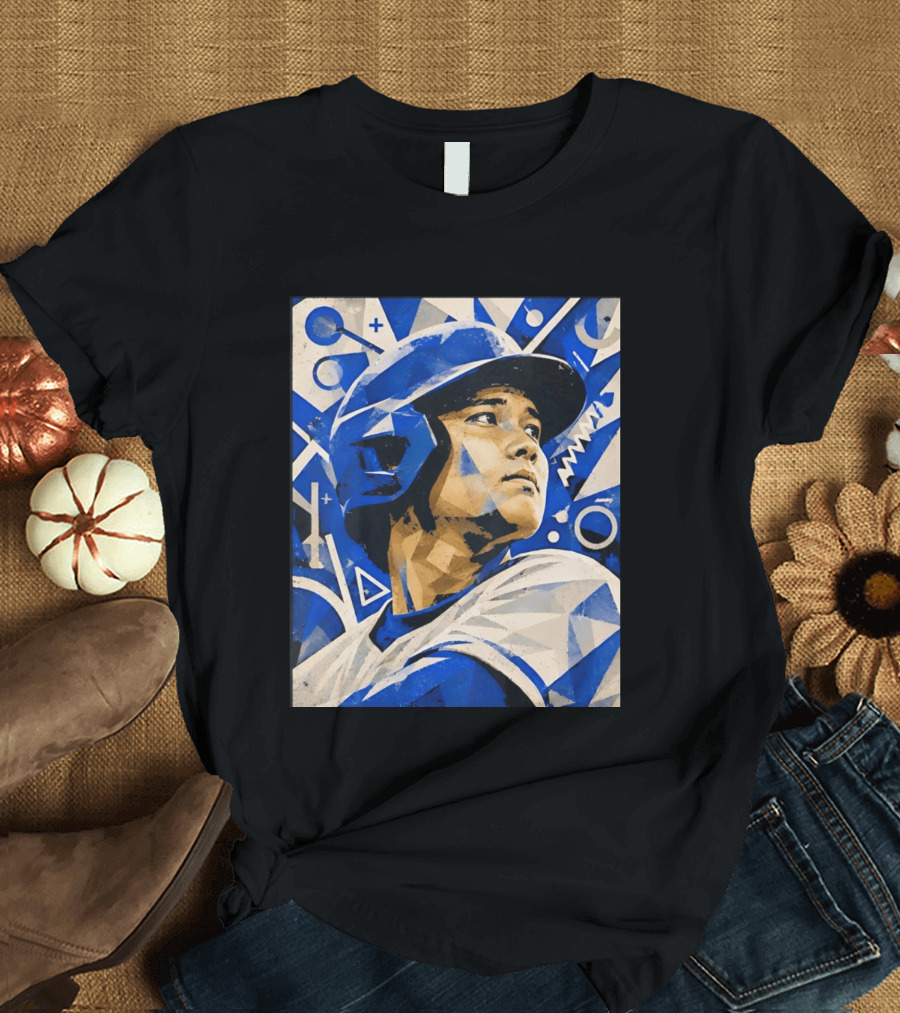 Baseball Player In Geometric Blue Abstract T-Shirt