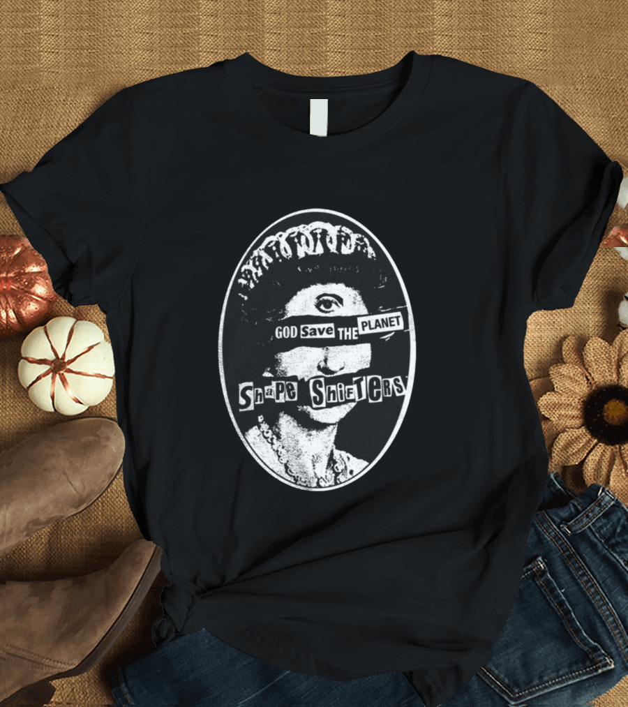 God Save The Planet Shape Shifters Queen Elizabeth Iconic Collage T-Shirt