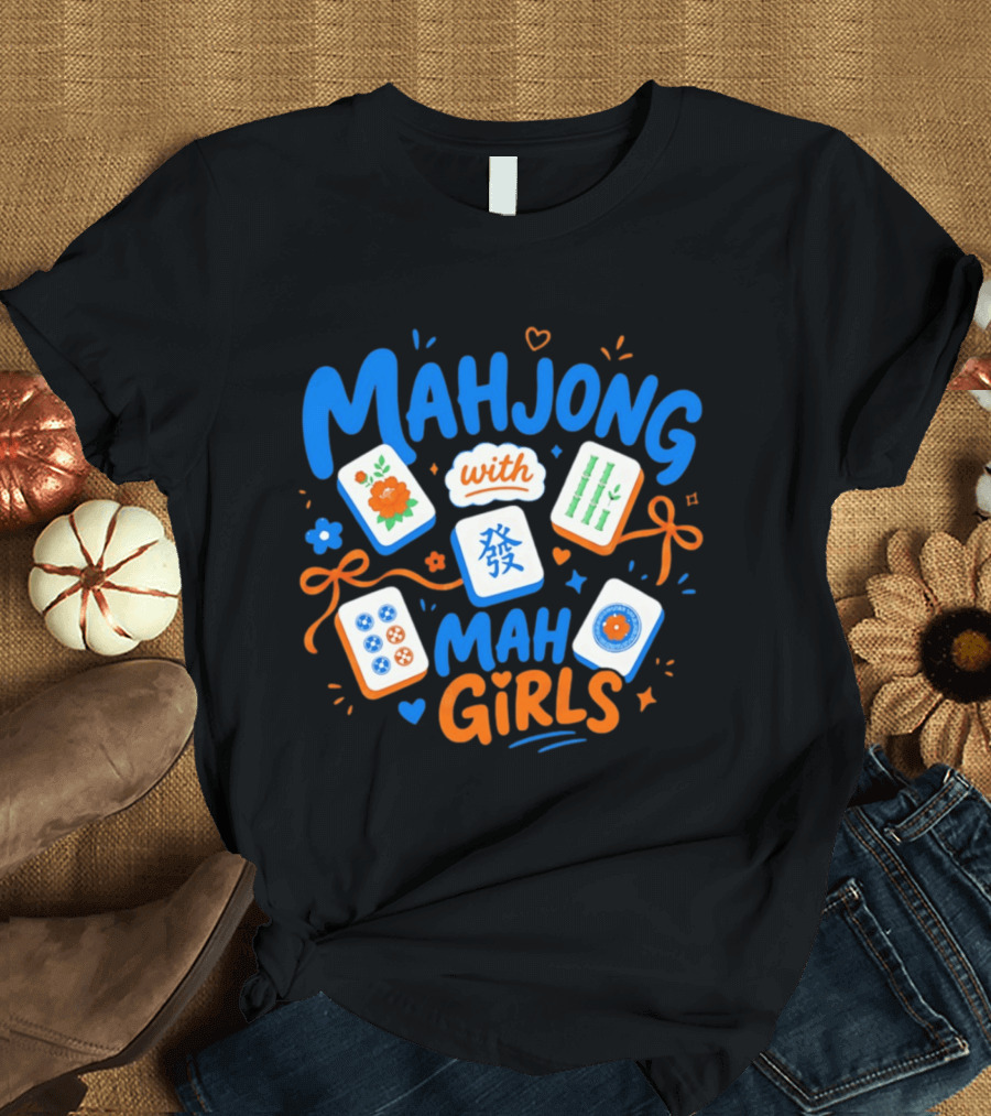 Mahjong With Mah Girls Flower And Bamboo Tiles Game Night T-Shirt
