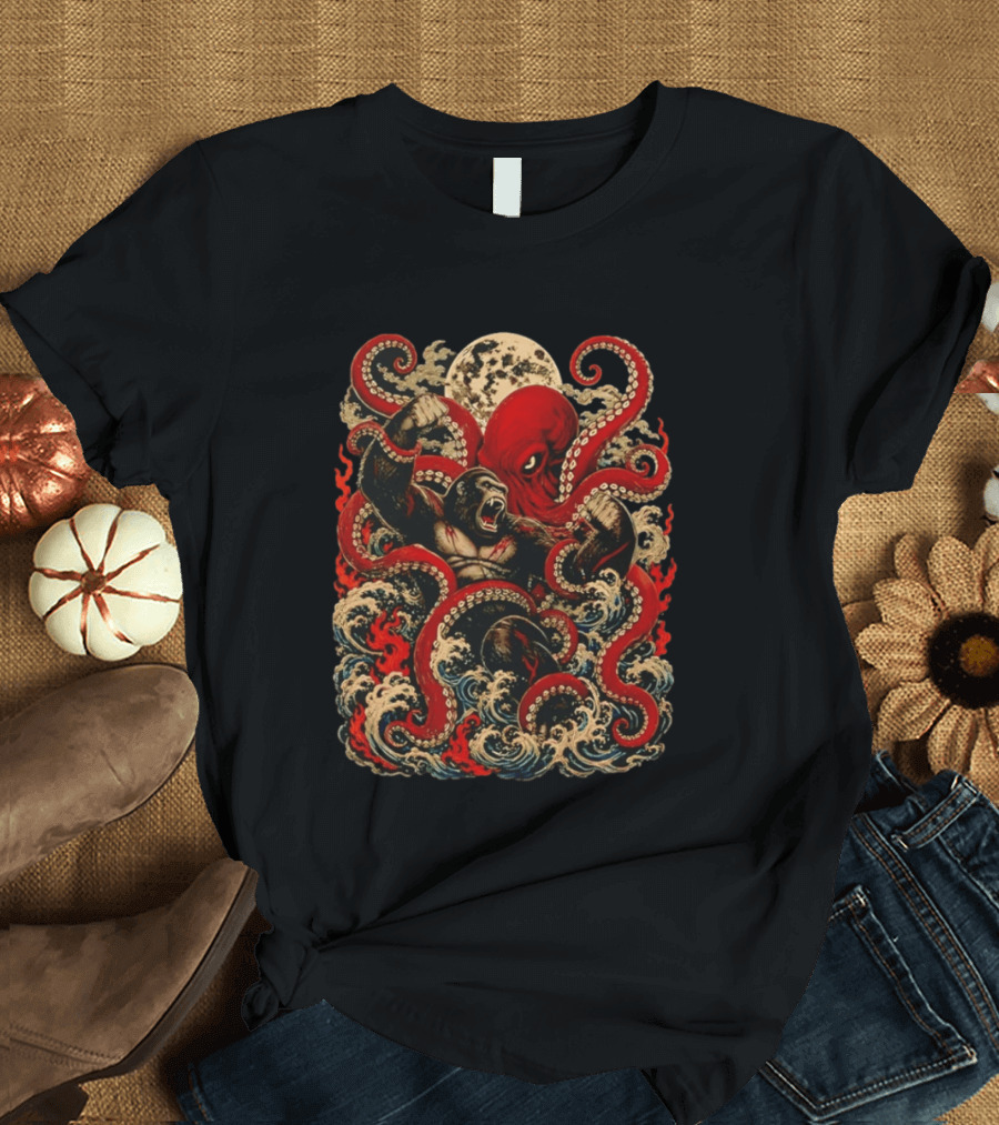Tokyo Kaiju Octopus Vs Gorilla Battle Waves And Moon Scene T-Shirt