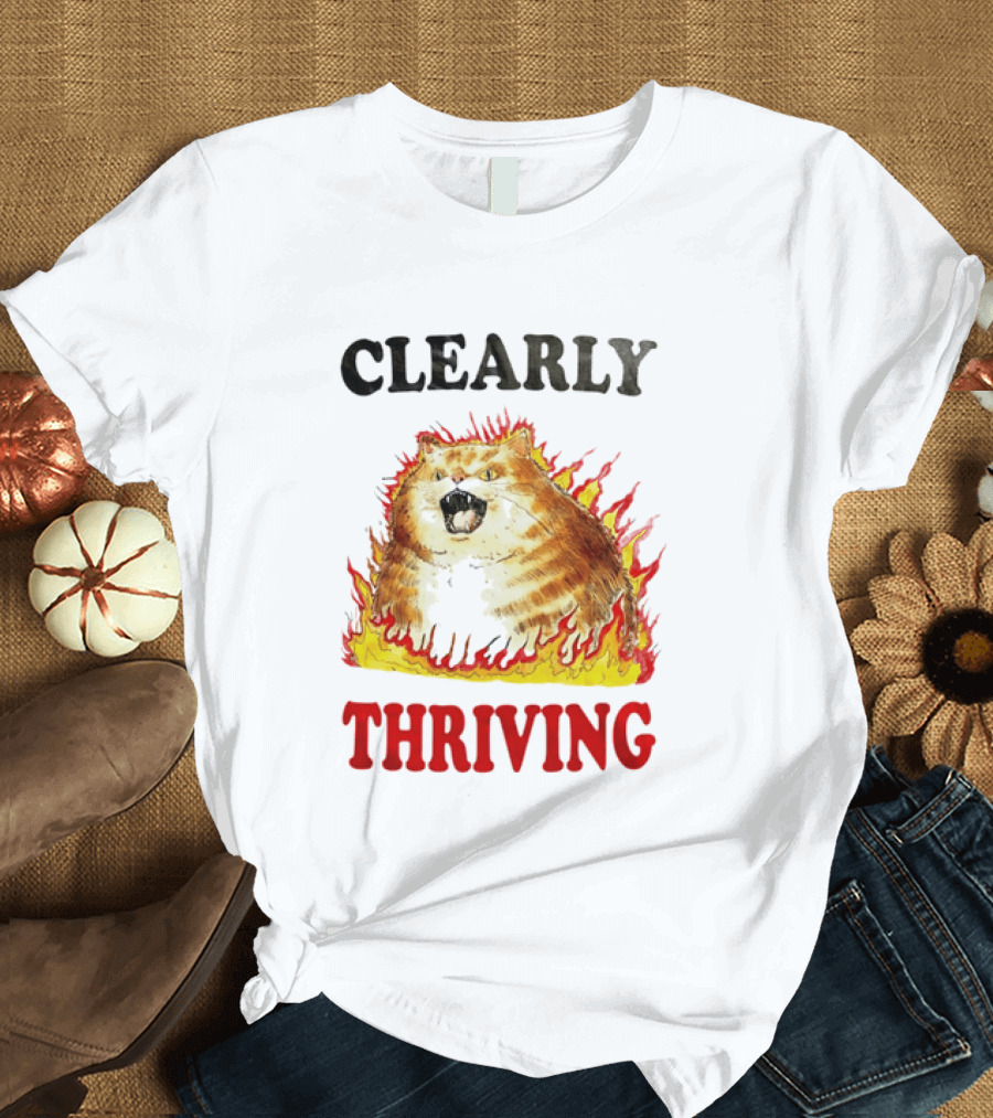 Clearly Thriving Fat Orange Tabby Cat Flames T-Shirt