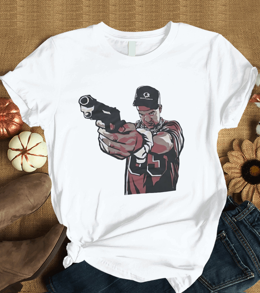 Man Pointing Gun Graphic With Number 89 And Hat Logo Codestructor T-Shirt