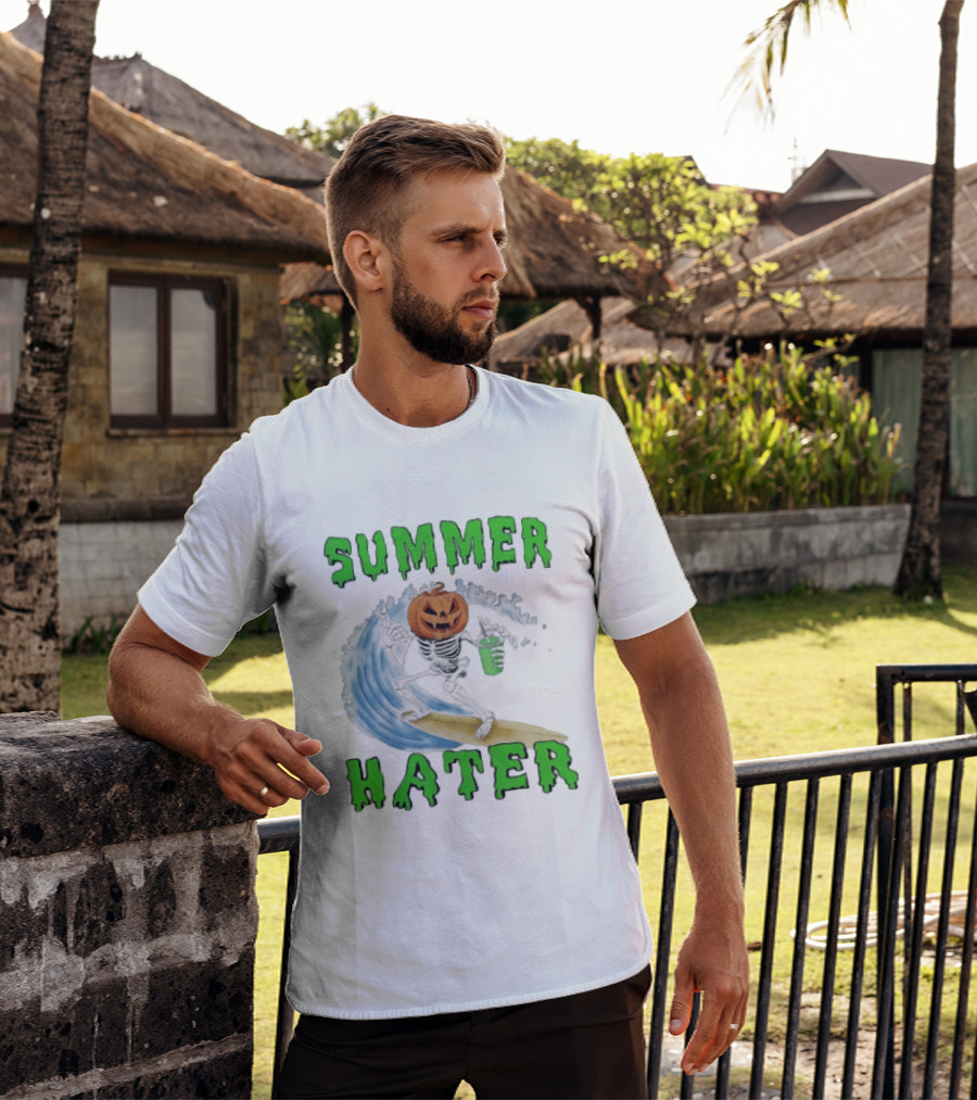 Skeleton With Pumpkin Head Surfing Wave Summer Hater T-Shirt