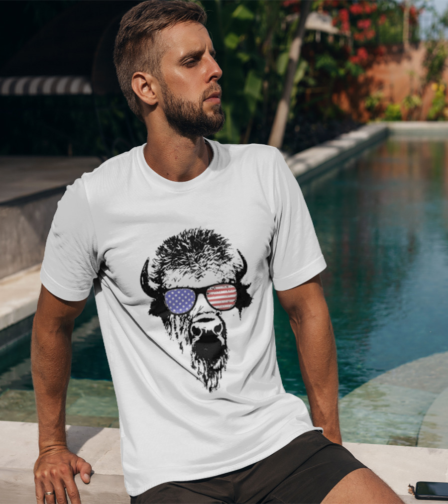 Patriotic Buffalo With USA Flag Red White Blue Sunglasses T-Shirt