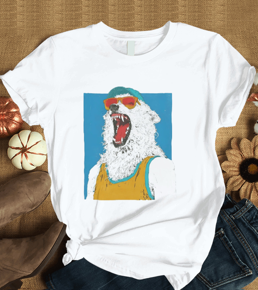 Polar Bear Wearing Sunglasses And Cap In Yellow Roaring T-Shirt