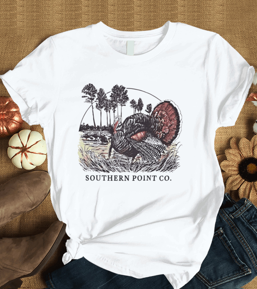 Southern Point Co. Turkey Strutting In The Field With Pine Trees And Horizon Scene T-Shirt