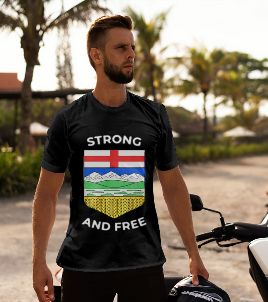 Alberta Canada Map Flag Strong And Free Crest And Wheat Sheaves T-Shirt