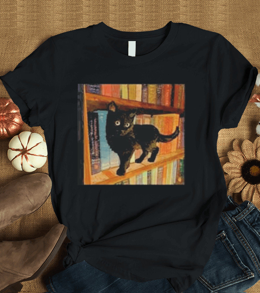 Black Cat On Bookshelf With Colorful Books T-Shirt