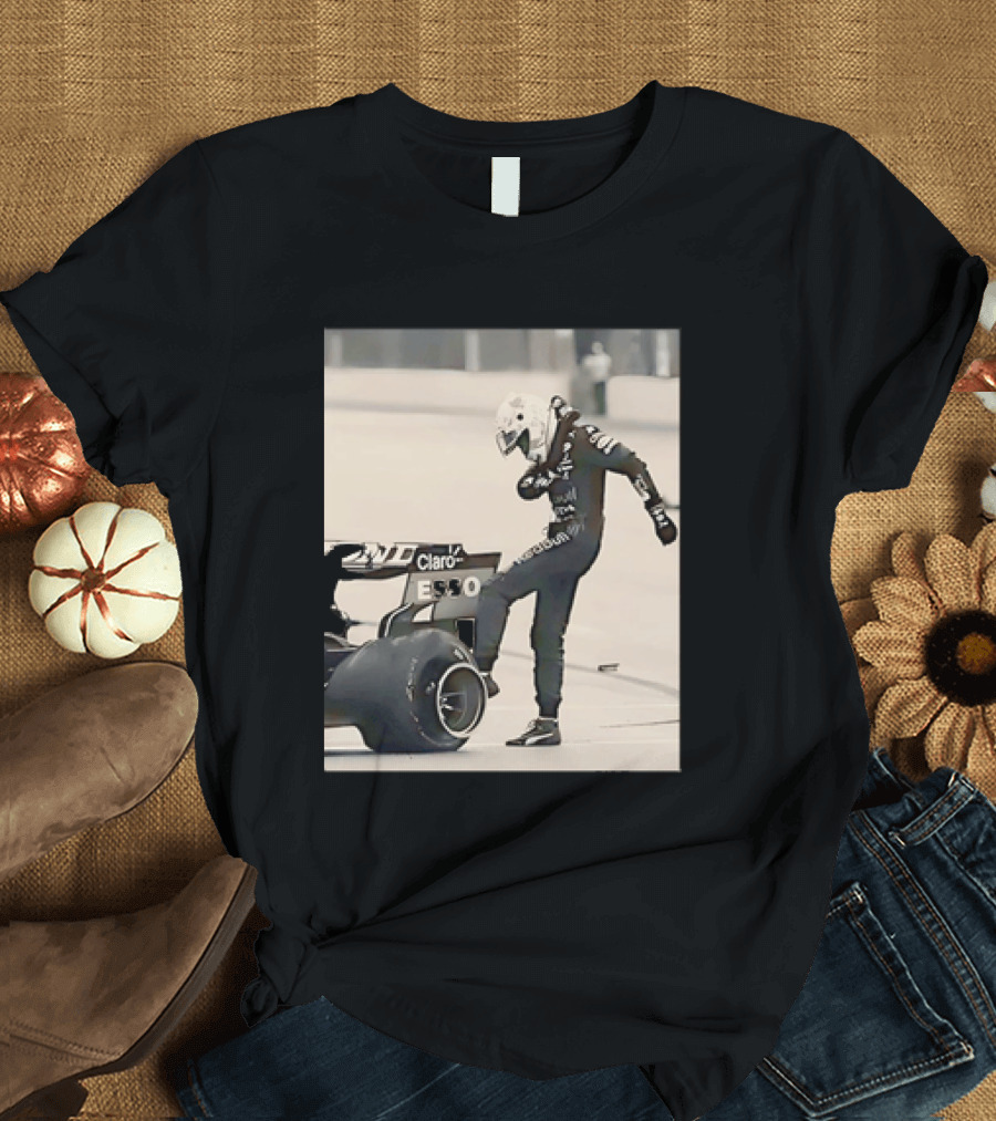 Max Verstappen Kicks Racing Tire Trackside In Racing Suit T-Shirt