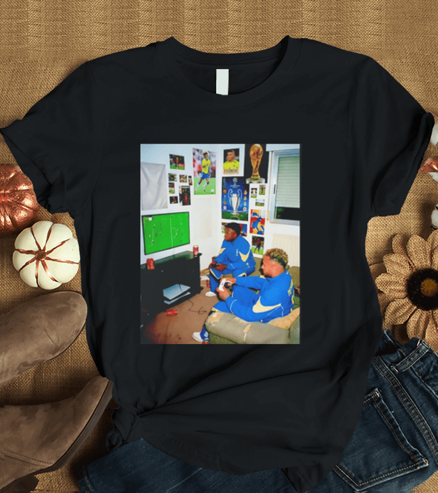 Brazil National Team Neymar Vinícius Júnior Playing Video Games Football S T-Shirt