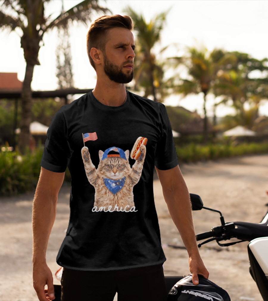 Patriotic Cat American Flag Hot Dog America Fourth Of July Celebration T-Shirt