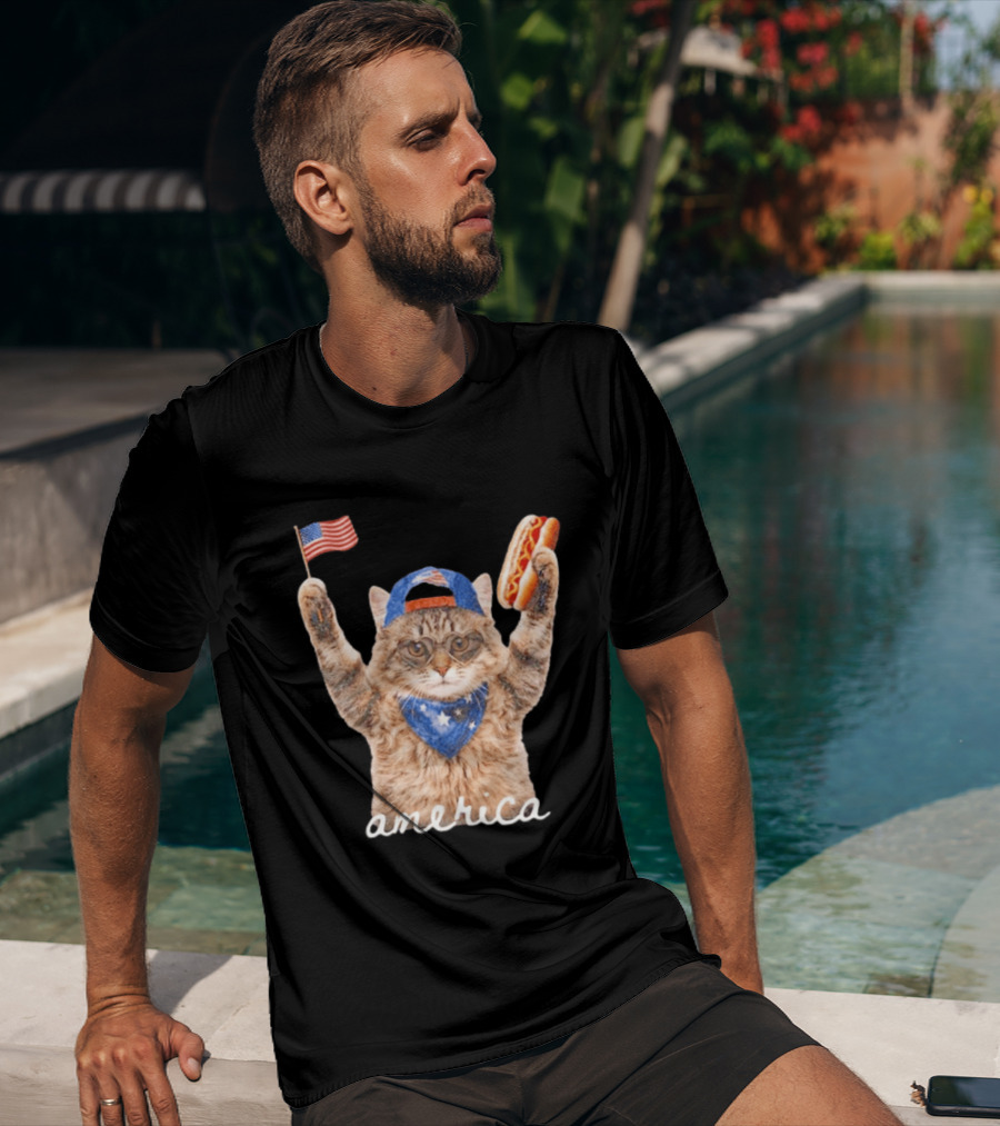 Patriotic Cat American Flag Hot Dog America Fourth Of July Celebration T-Shirt