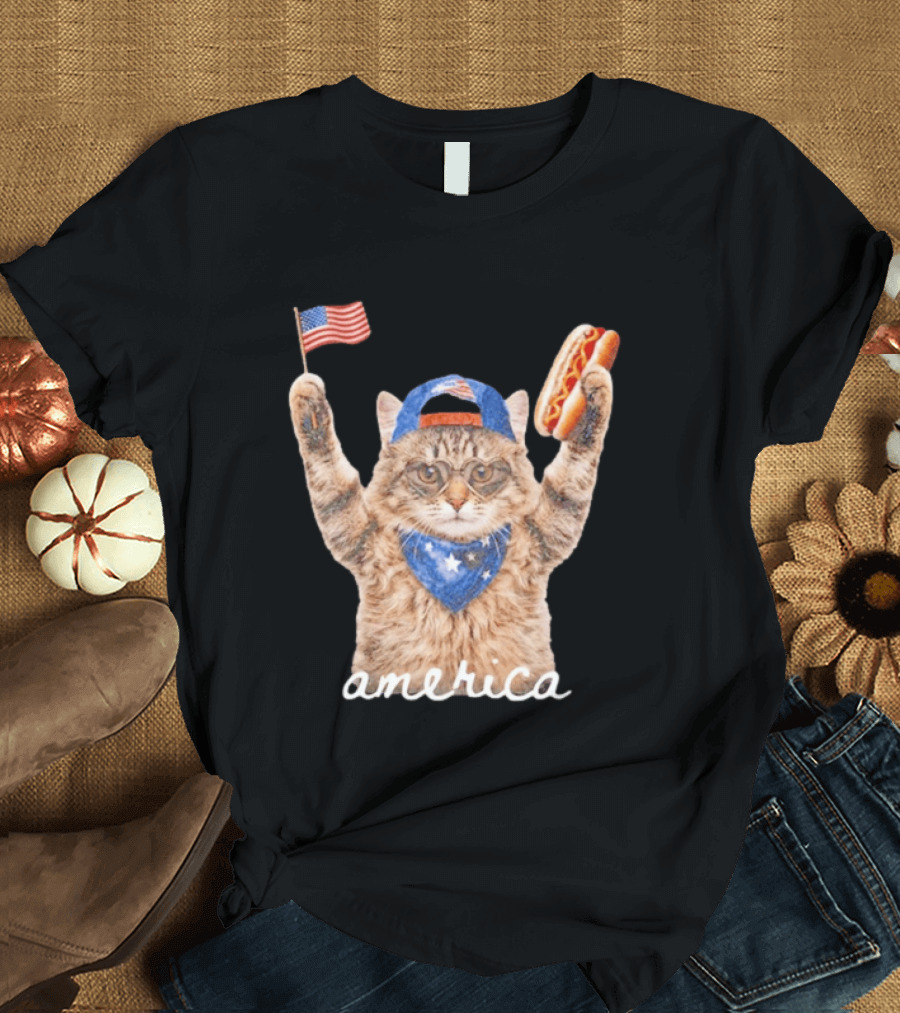 Patriotic Cat American Flag Hot Dog America Fourth Of July Celebration T-Shirt