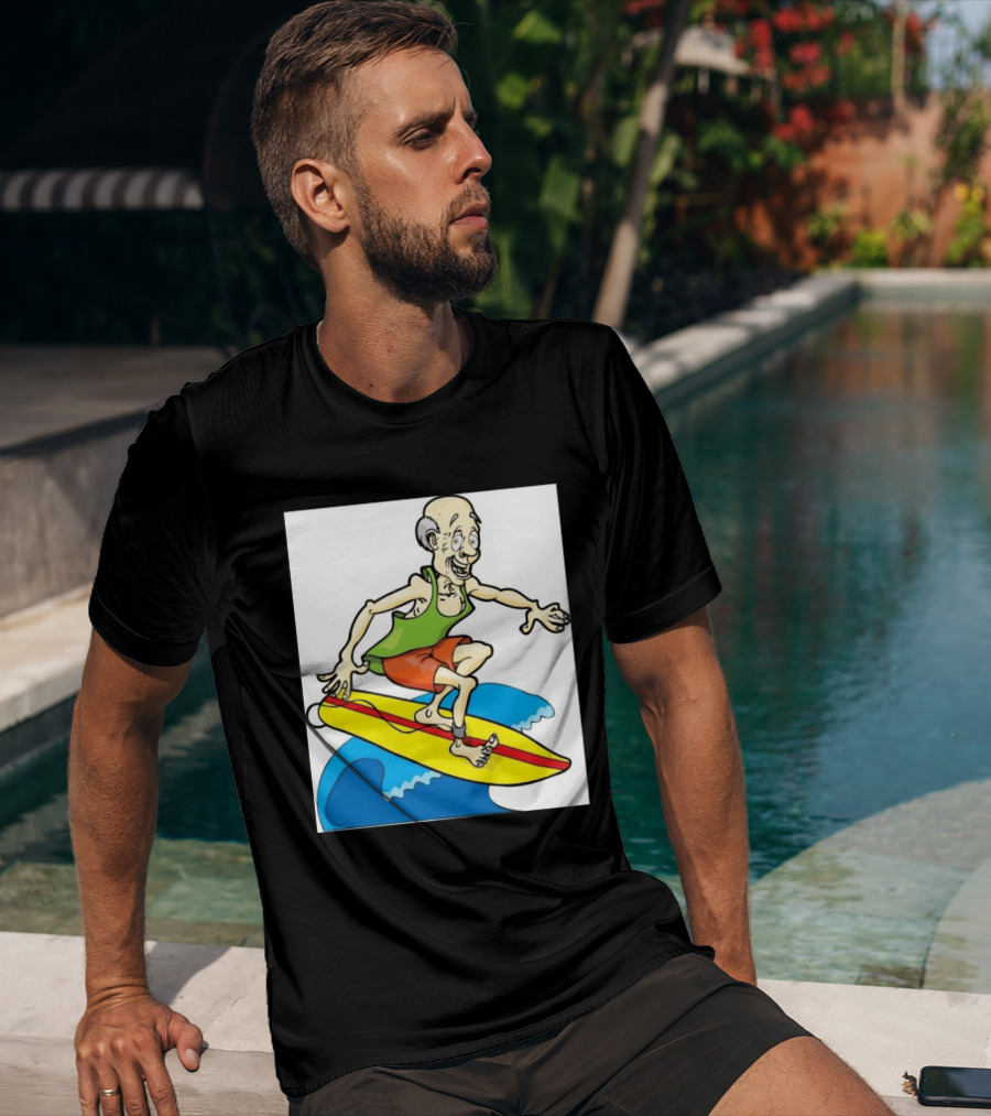 Retired Man Surfing Funny Cartoon Boomer On Yellow Board With Blue Waves T-Shirt