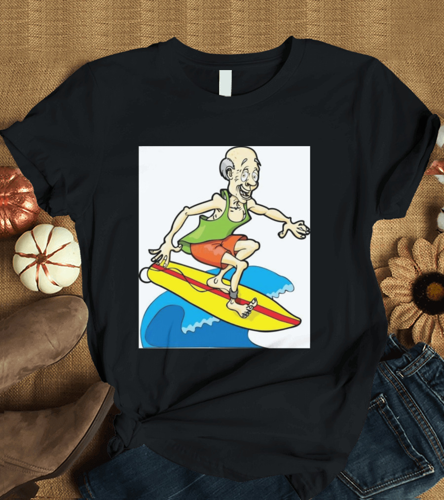 Retired Man Surfing Funny Cartoon Boomer On Yellow Board With Blue Waves T-Shirt