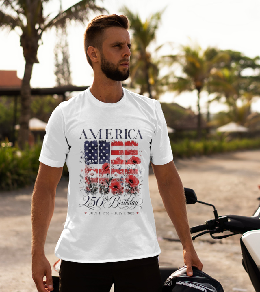 America 250th Birthday July 4 1776 2026 Floral Flag T-Shirt