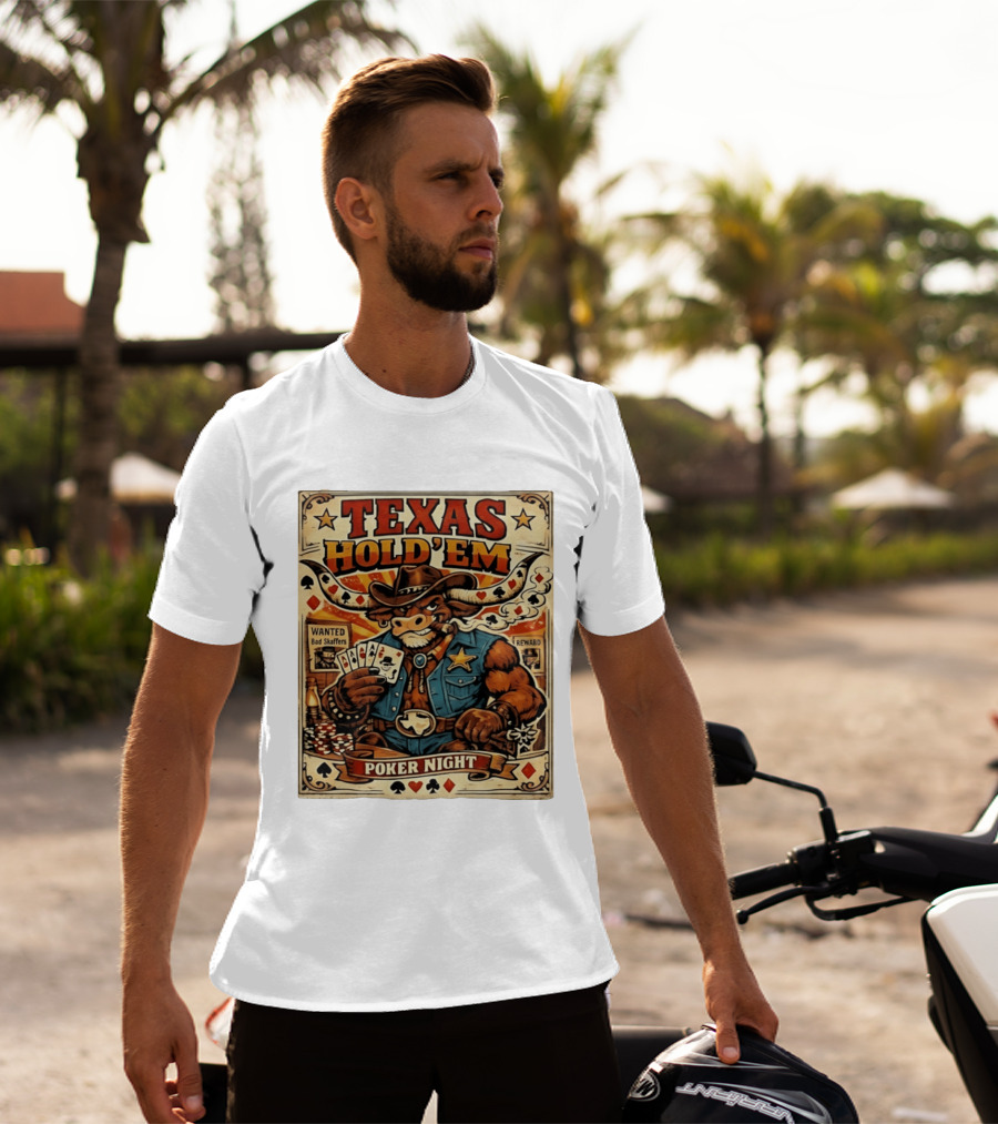 Texas Hold'em Poker Night Cowboy Bull Playing Cards Wanted Bad Skaffers T-Shirt