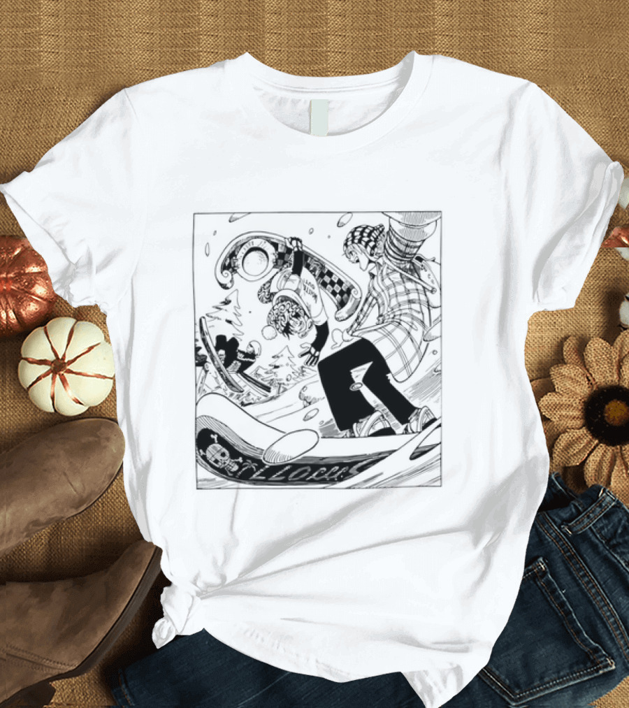 Snowboarding One Piece Crew Manga Style Action White Out Winter Scene T-Shirt