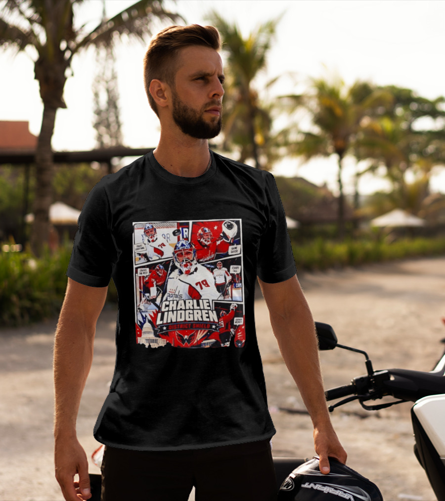Charlie Lindgren Capitals District Shield Comic Style Hockey Action T-Shirt