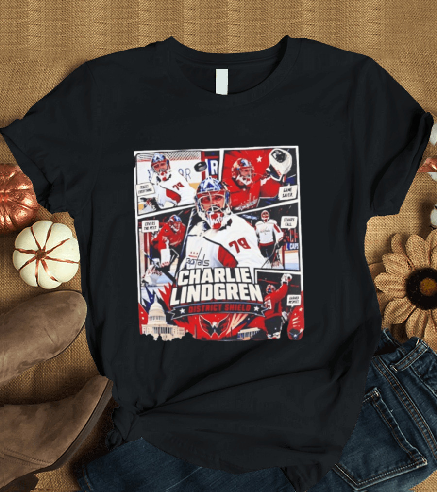 Charlie Lindgren Capitals District Shield Comic Style Hockey Action T-Shirt