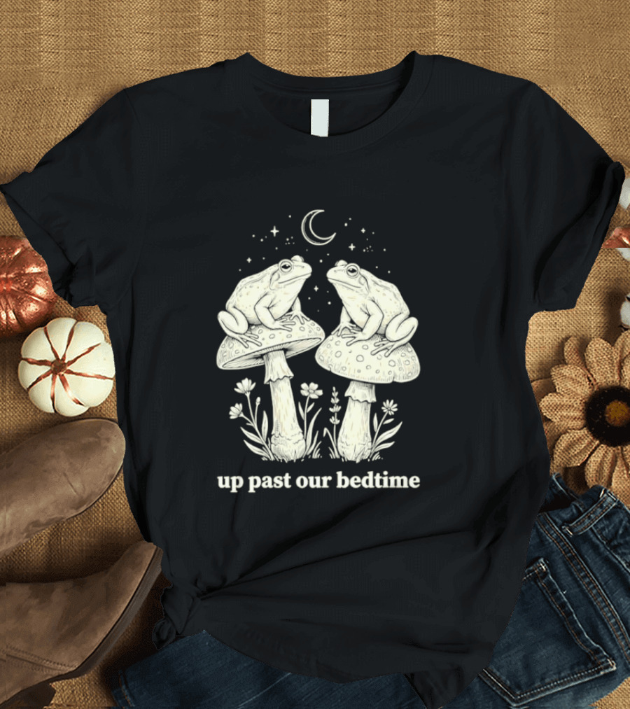 Two Frogs On Mushrooms Up Past Our Bedtime Night Sky Moon Stars T-Shirt