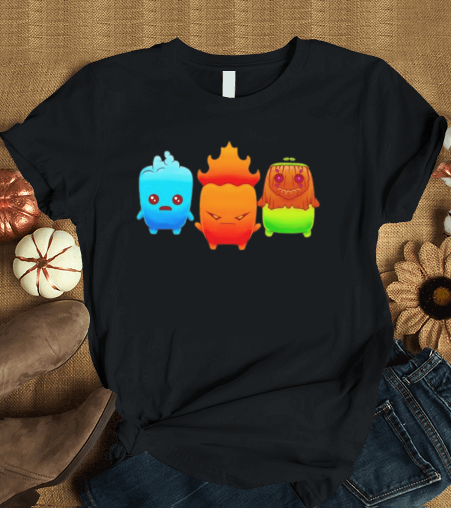 Water Fire And Earth Elemental Creatures Fireboy And Watergirl Cute Characters T-Shirt