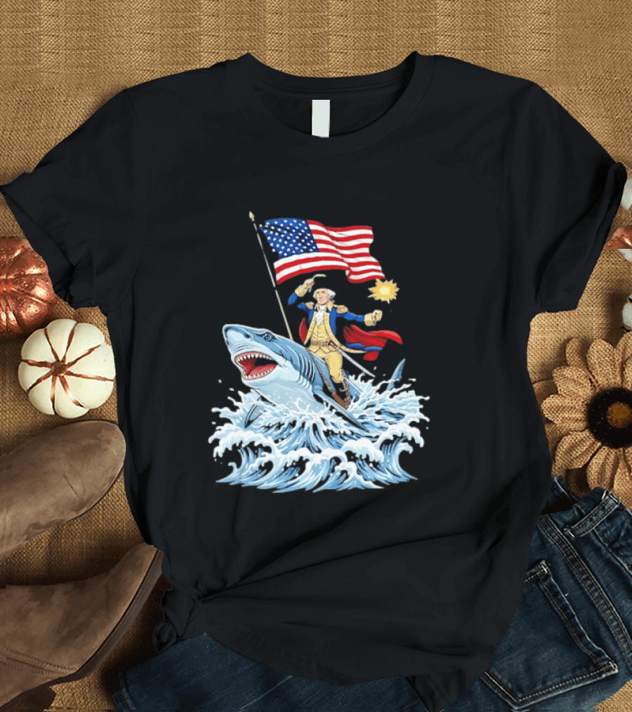 Shark Riding George Washington With American Flag Patriotic 4th Of July T-Shirt