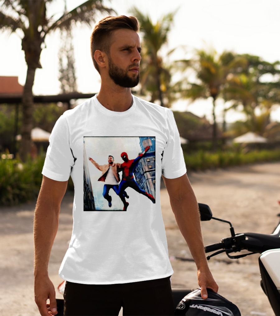 Lionel Messi And Spider Man Jump In City Marvel Cinematic Universe T-Shirt