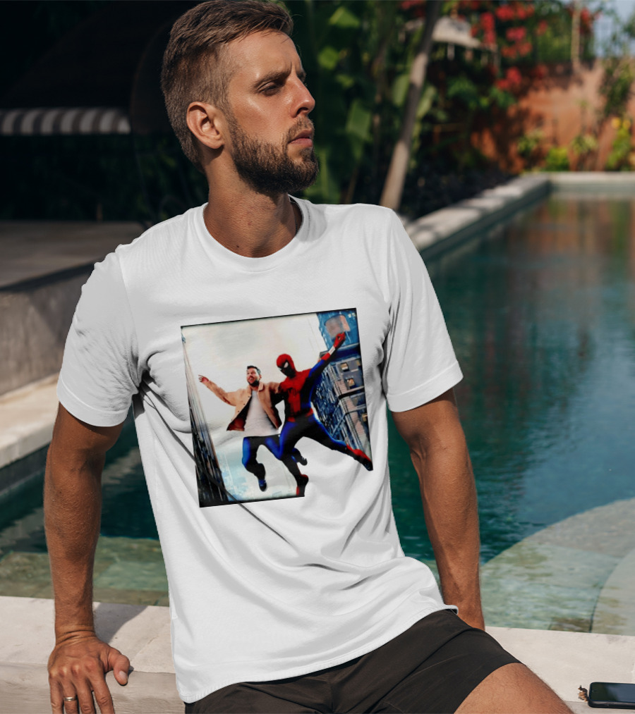 Lionel Messi And Spider Man Jump In City Marvel Cinematic Universe T-Shirt