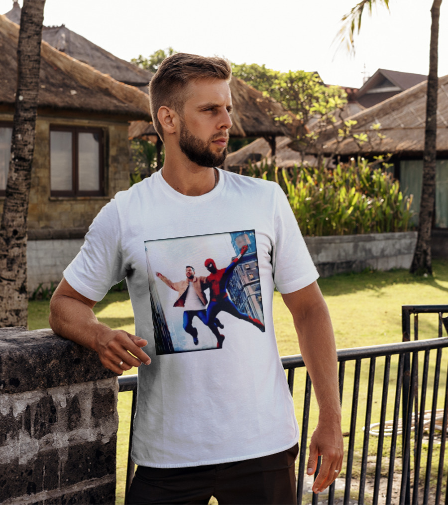 Lionel Messi And Spider Man Jump In City Marvel Cinematic Universe T-Shirt