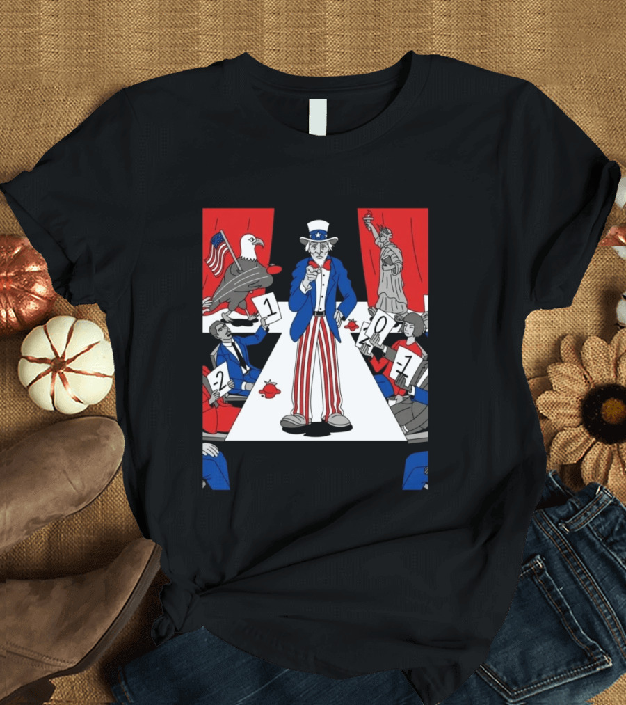 Uncle Sam Patriotic Symbol With Statue Of Liberty And American Eagle Political Commentary T-Shirt