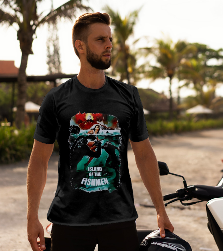 Island Of The Fishmen Vintage Movie Scene With Sea Monsters And Volcano T-Shirt