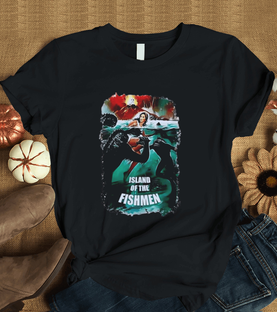 Island Of The Fishmen Vintage Movie Scene With Sea Monsters And Volcano T-Shirt