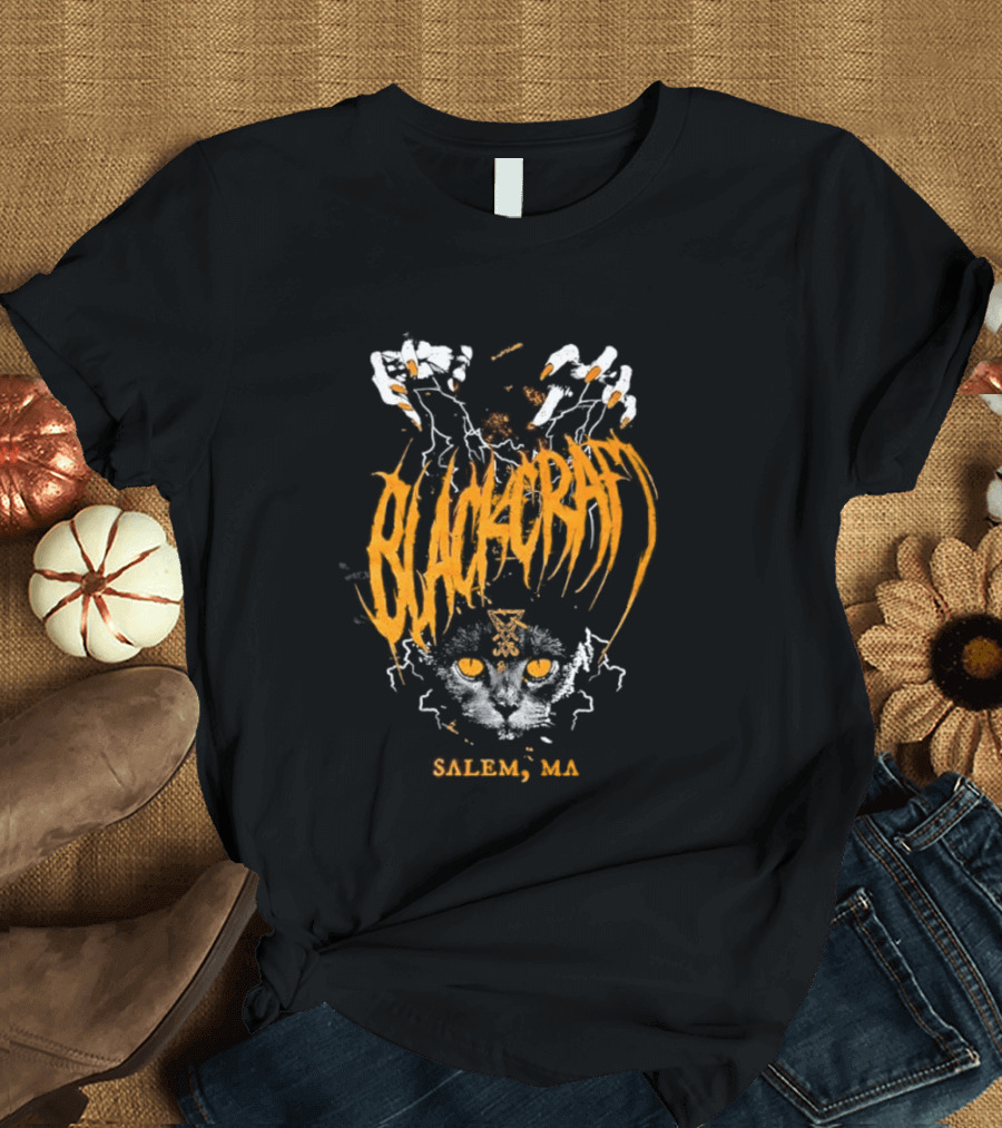 Blackcraft Salem MA Cat Occult Theme With Leviathan Cross T-Shirt