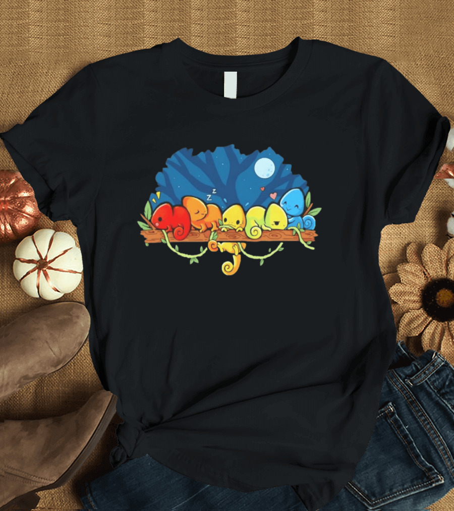 Colorful Chameleons Sitting On A Tree Branch Under Night Sky With Moon And Hearts T-Shirt