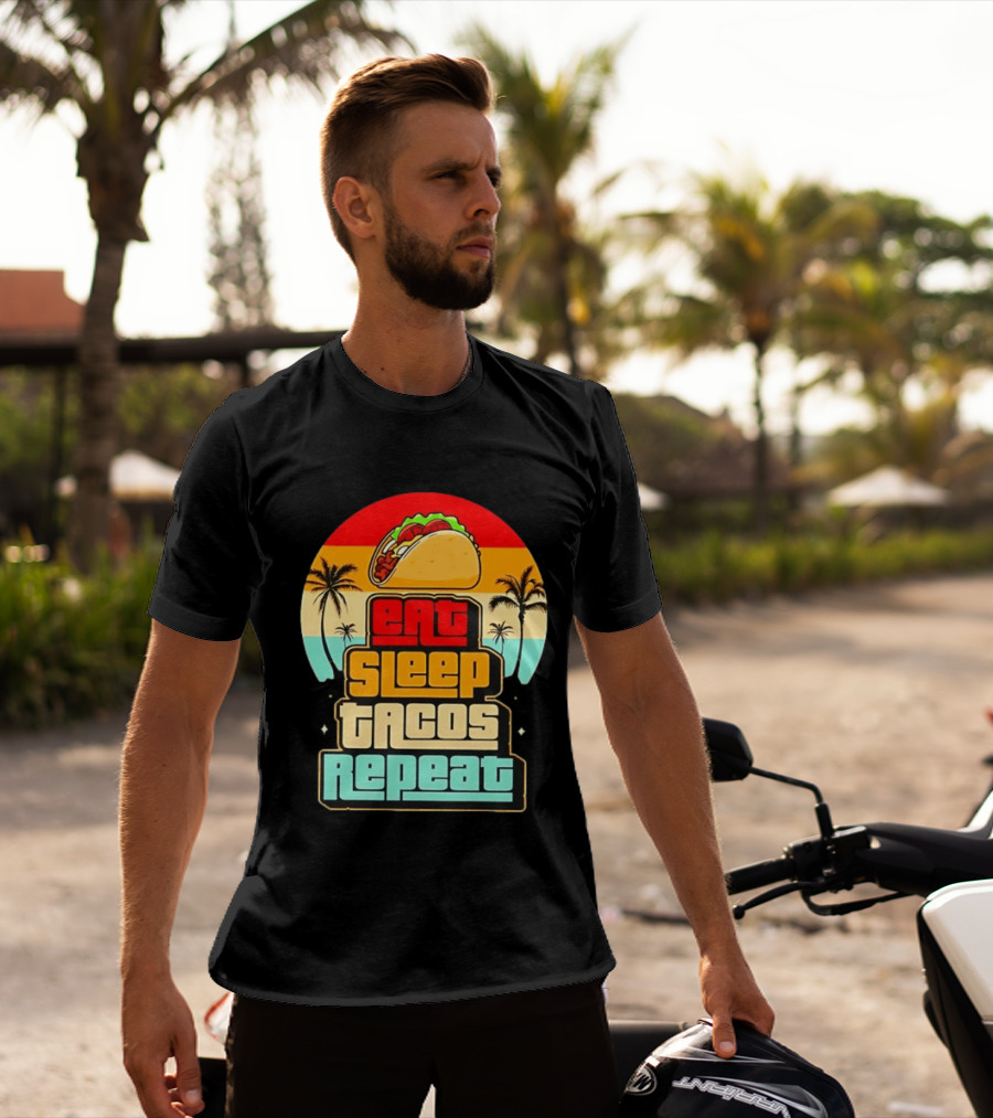 Eat Sleep Tacos Repeat Gaming Retro Sunset Palm Trees T-Shirt