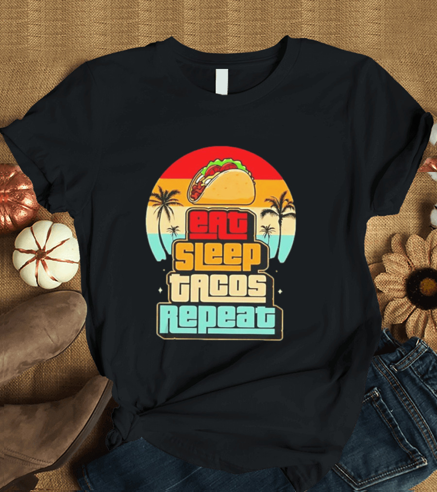 Eat Sleep Tacos Repeat Gaming Retro Sunset Palm Trees T-Shirt