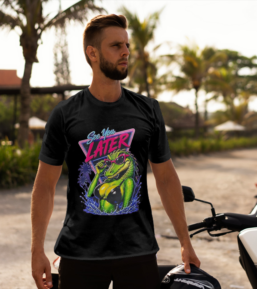 See You Later Crocodile Basking In Bikini With Sunglasses Retro Neon T-Shirt