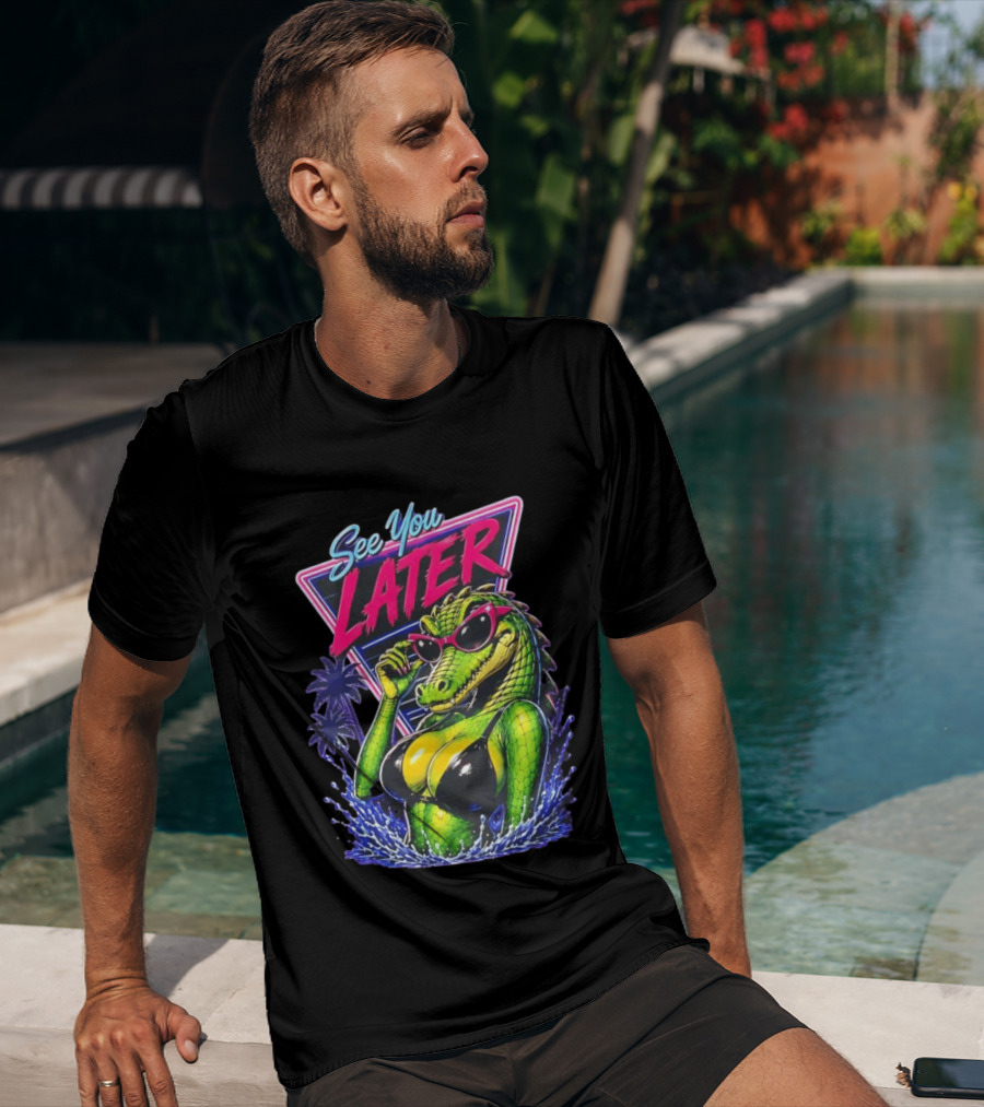 See You Later Crocodile Basking In Bikini With Sunglasses Retro Neon T-Shirt