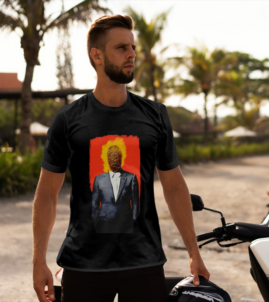 Ignition Man In Tuxedo With Fiery Head On Bold Red T-Shirt