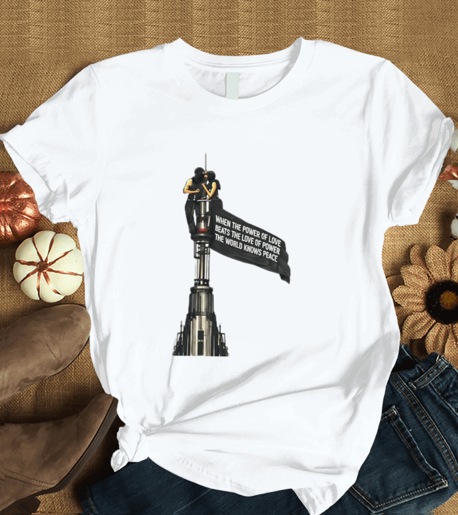 Angela Nikolau And Ivan Beerkus Love And Peace Flag On Empire State Building T-Shirt