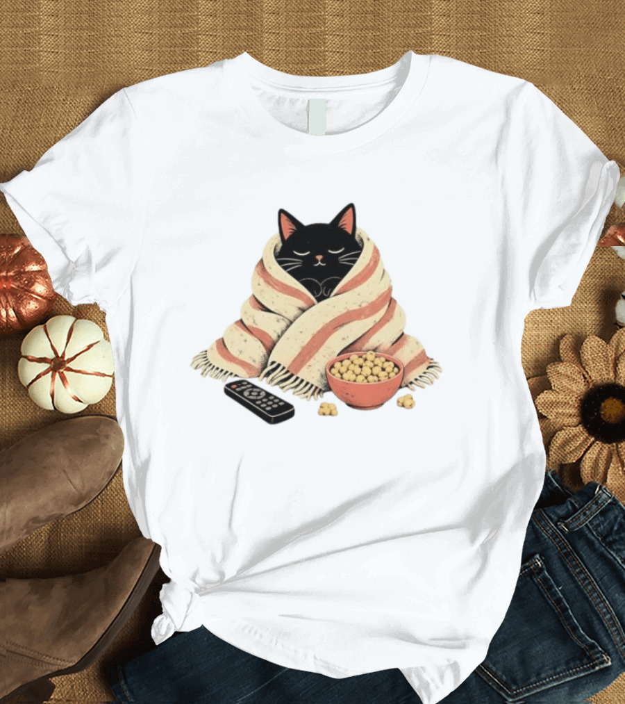 Cozy Black Cat Wrapped In Blanket With Popcorn And Remote T-Shirt