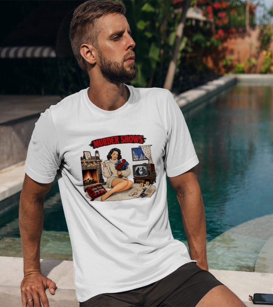 Murder Shows Cozy Creepy Mystery Scene With Fire, Roses, And Vintage TV T-Shirt