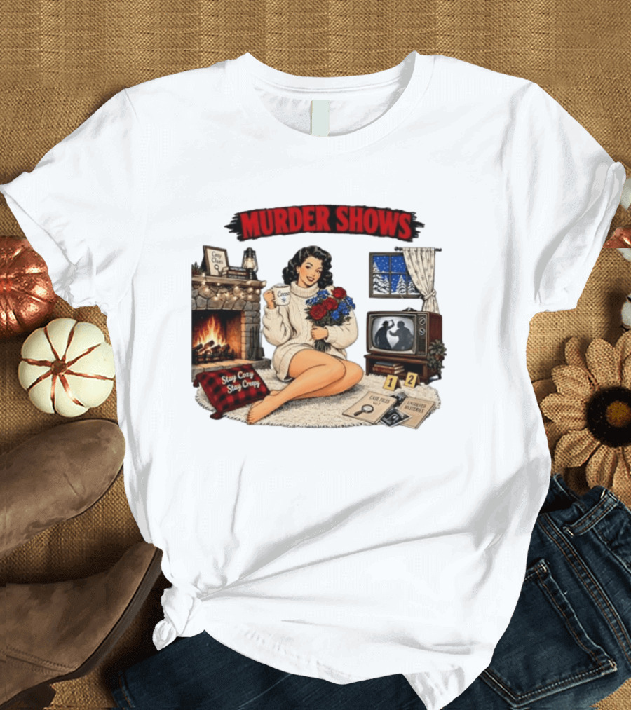 Murder Shows Cozy Creepy Mystery Scene With Fire, Roses, And Vintage TV T-Shirt
