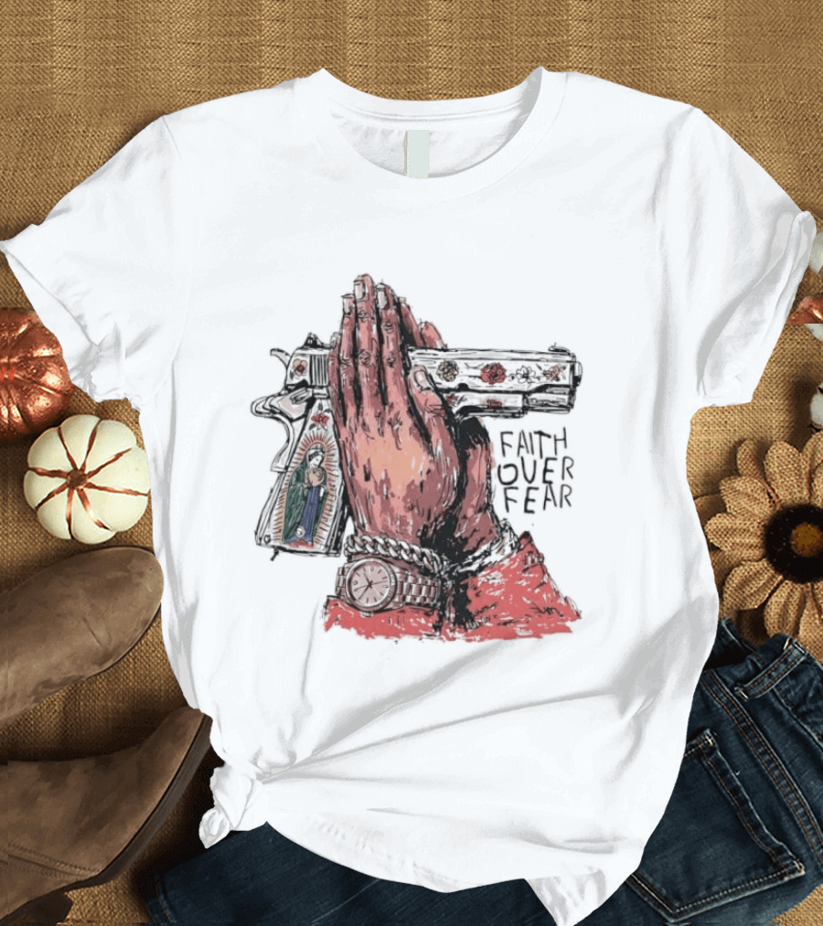 Our Lady Of Guadalupe Praying Hands Gun Faith Over Fear T-Shirt