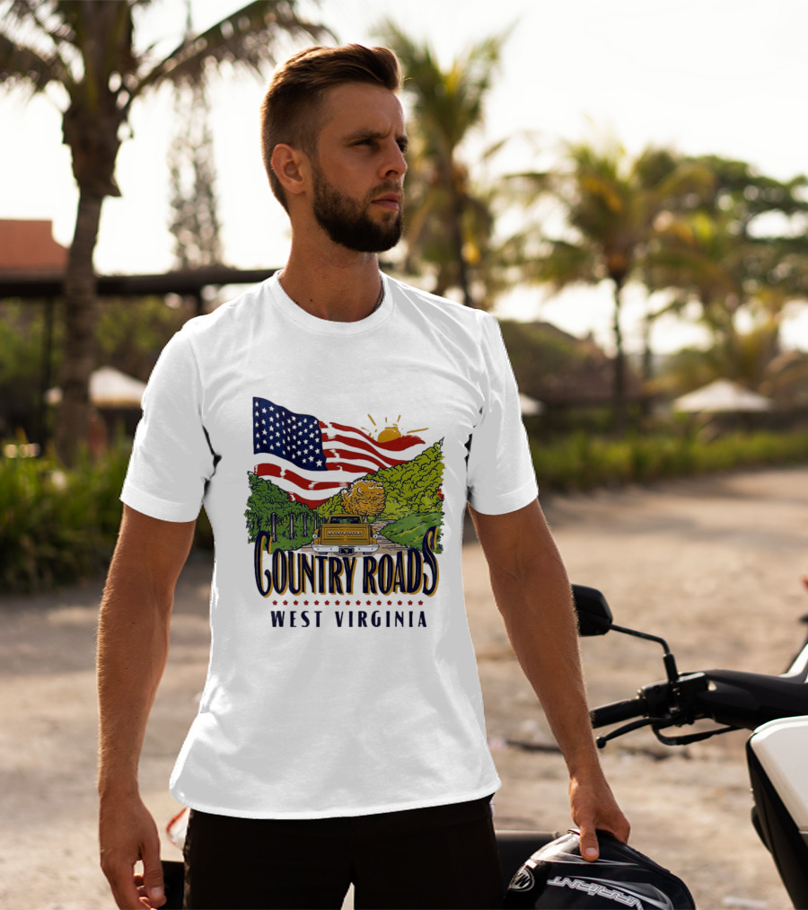 Country Roads West Virginia American USA Flag Vintage Truck Scenic Route T-Shirt