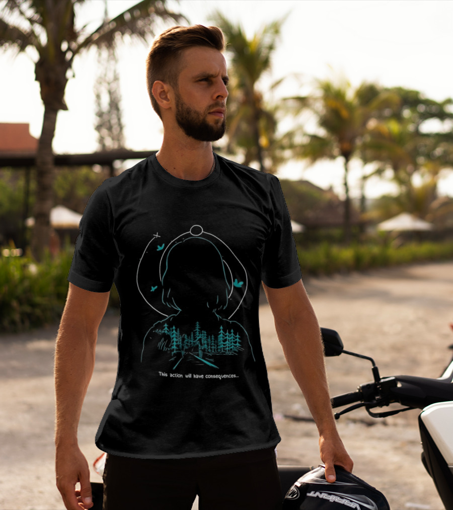 Serene Forest Silhouette With Bluebirds And Headset This Action Will Have Consequences T-Shirt
