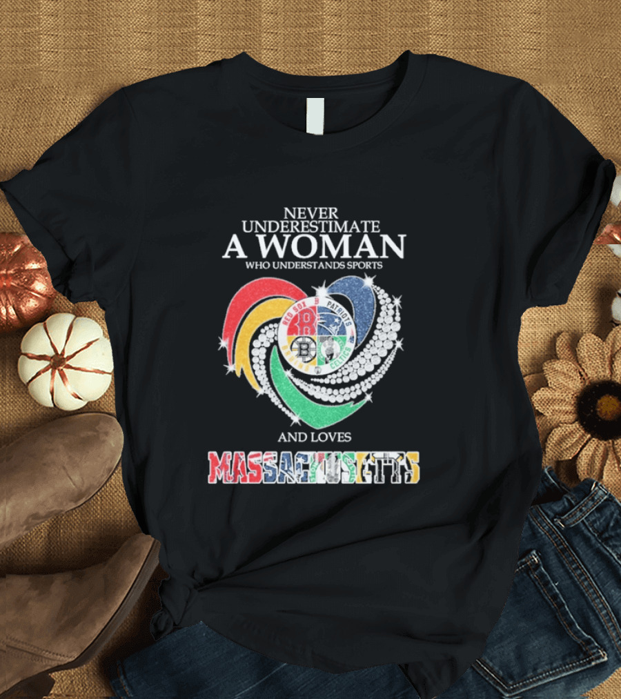 Never Underestimate A Woman Who Understands Boston Red Sox Celtics Patriots Bruins Sports Loves Massachusetts T-Shirt